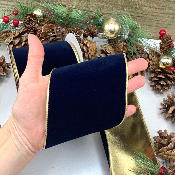 Wired Navy Blue Velvet Ribbon - Gold Back, 4" Wide