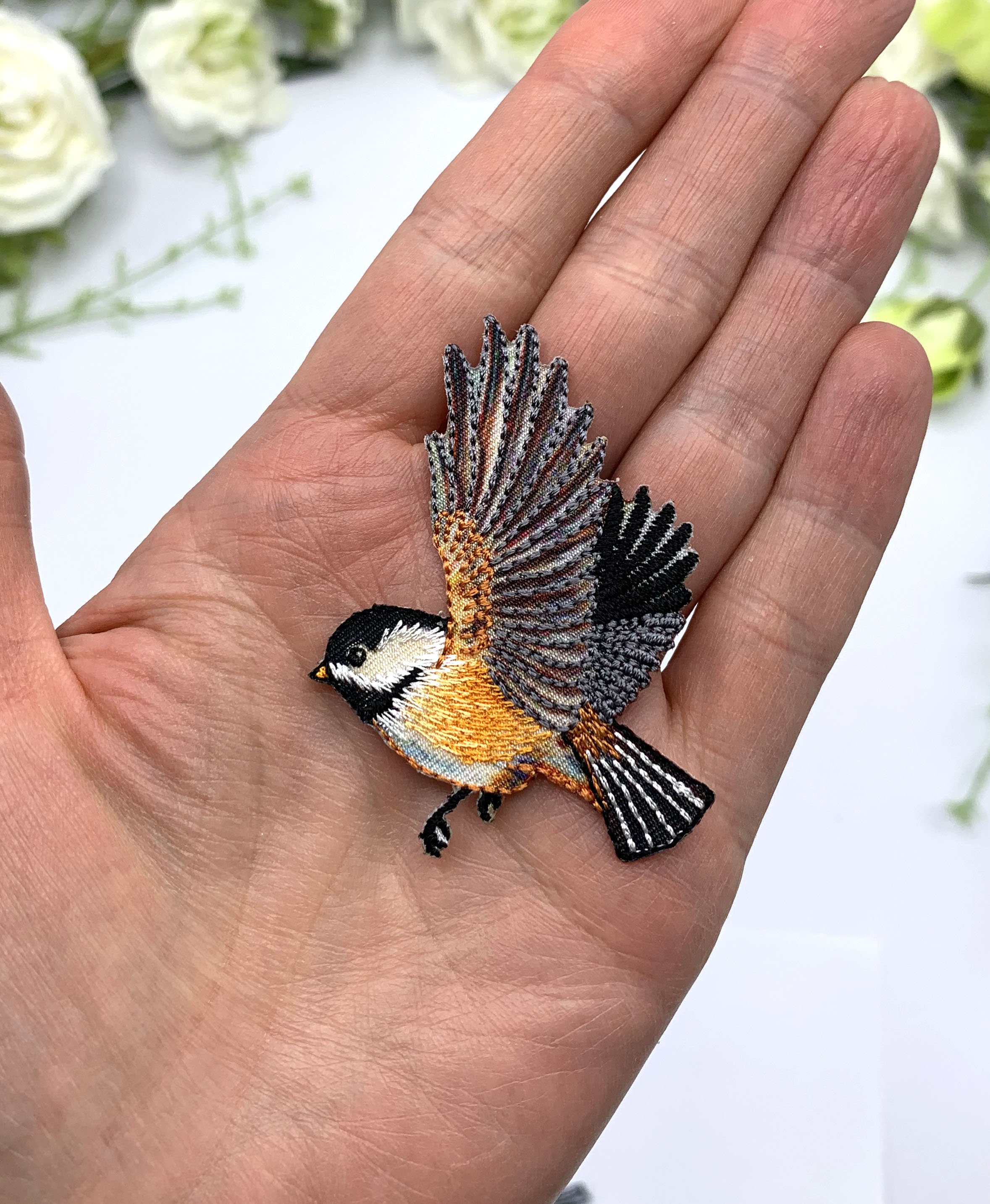 Garden bird patch, iron on small flying bird applique embellishment, …