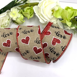 Ruban filaire pour la Saint-Valentin de 2,5 pouces, bordure en toile de jute de 63 mm avec imprimé coeur d'amour à paillettes rouges, ruban floral pour les mariages et les proches