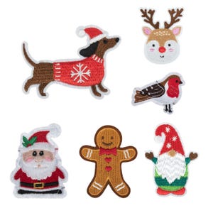 May include: A set of six embroidered iron-on patches featuring festive themes: a dachshund in a red jumper and Santa hat, a reindeer head, a robin, Santa Claus, a gingerbread man with a red bowtie, and a gnome with a red hat and white beard.