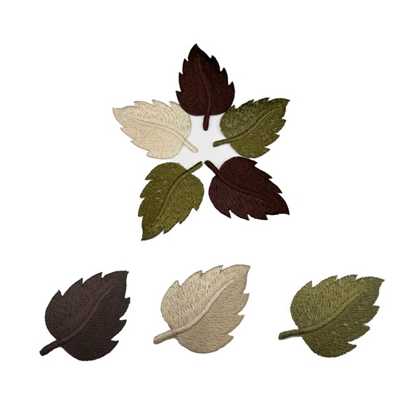 Iron on embroidered Leaf motif embellishment for autumn crafts - green, cream and brown - 5cm x 3cm - sold individually