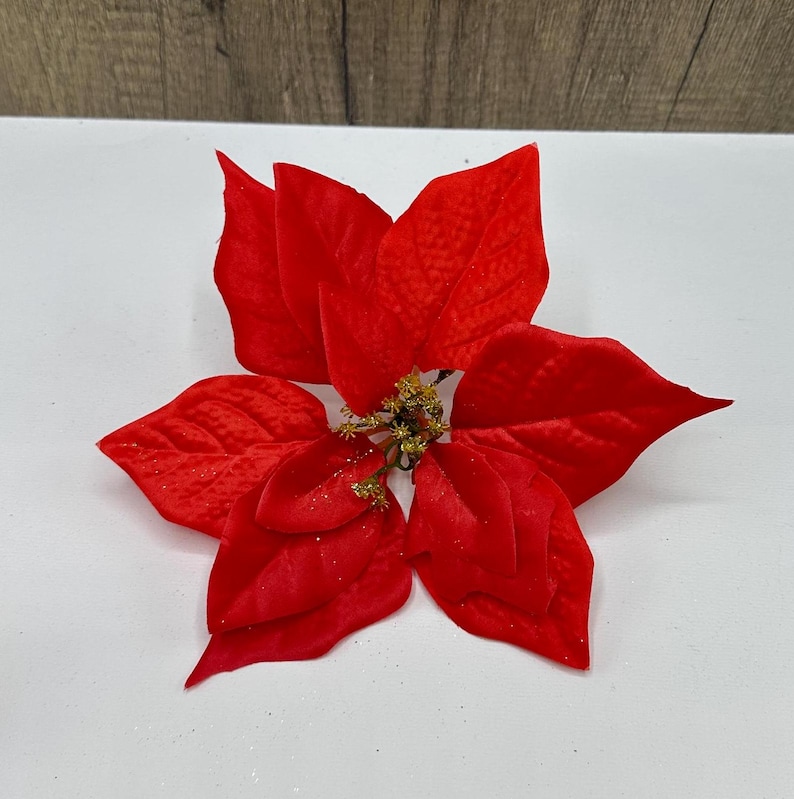 17cm Poinsettia Flower Head, Large Red and Gold Glitter Artificial