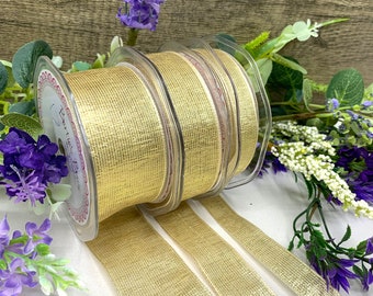 Champagne Gold Wired Ribbon, metallic mesh lame trim in 3 widths - 15mm 25mm 38mm - golden wedding gift ribbon, floral bouquet decoration