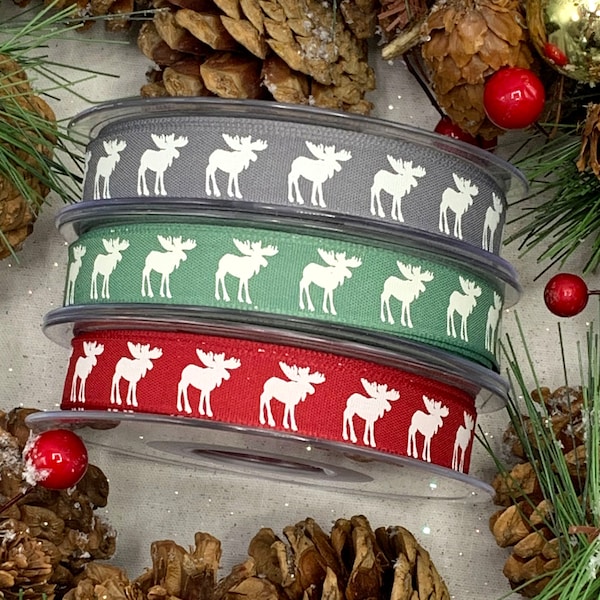 5/8" Reindeer Ribbon, Scandi Christmas Moose trim in Red, Grey or Green for gift wrapping, bows and decoration