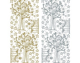 Contemporary Christmas Tree stickers in foiled gold and silver for cards and gifts