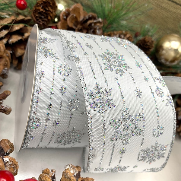 2.5 inch wired white satin ribbon with silver glitter Snowflake trim for bows, wreaths and holiday decorations