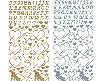 Adesivi con alfabeto e cuore, laminati oro o argento per biglietti di auguri
