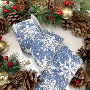 2.5&quot; Wire Edge Textured Snowflake Ribbon - Denim Blue Hessian with Large White Snowflake Print for Christmas trees, wreaths and bows
