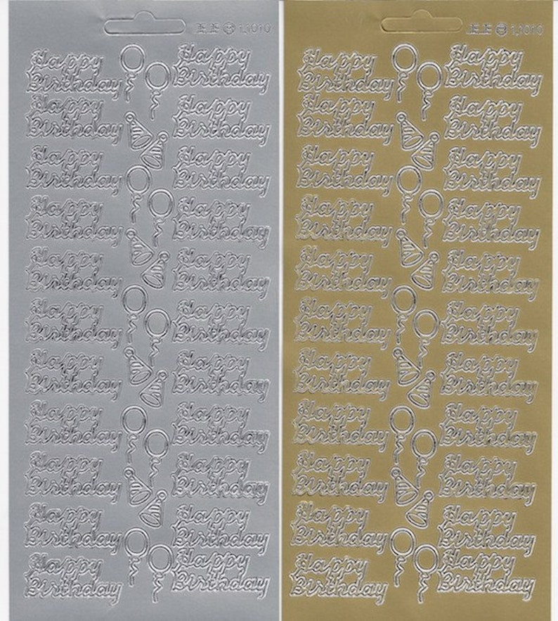 Happy Birthday Peel Off Stickers in foiled gold or silver for card crafts image 2