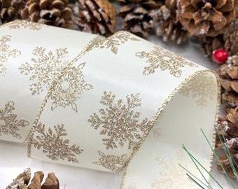 2.5 inch wired ivory satin ribbon with gold glitter Snowflake trim for bows, wreaths and holiday decorations