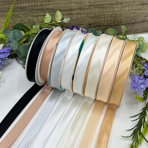 3/4" Satin Bias Binding, white, bridal white, cream, silver, gold, black, blush - soft edging trim for wedding dresses, nightwear, lingerie