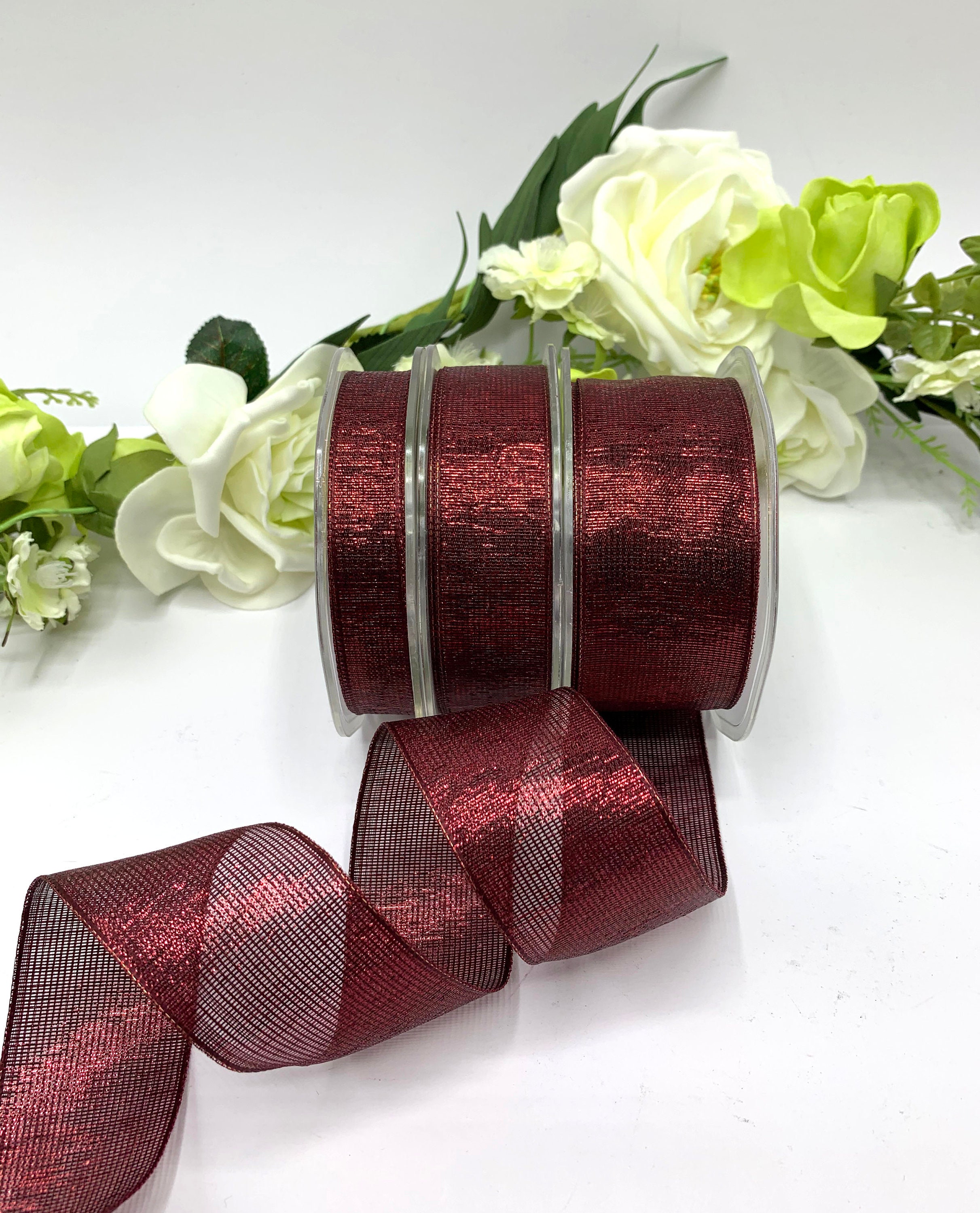 Wired Edge Burgundy Ribbon, Metallic Lame Mesh, 3 Widths, Wedding Bouquet,  Christmas Tree Decoration 