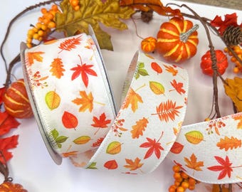 White wire edge ribbon with autumn leaves print, 63mm/2.5" wide for Thanksgiving crafts and door wreath bows