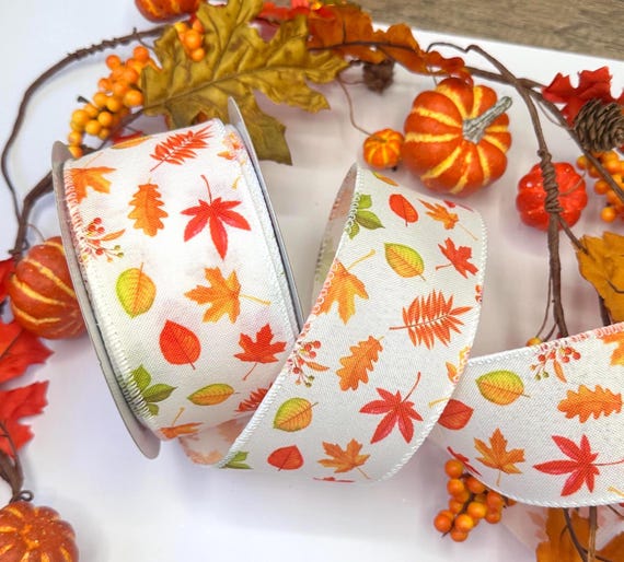 White wire edge ribbon with autumn leaves print, 63mm/2.5" wide for Thanksgiving crafts and door wreath bows