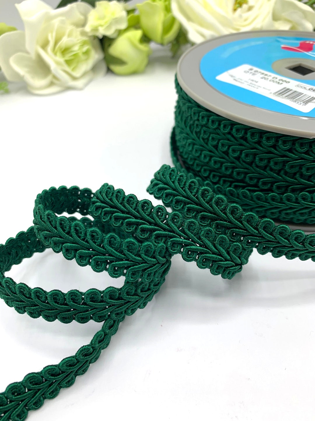 Bottle Green Upholstery Trim, 15mm / 5/8 Dark Green Scrolled Gimp Braid