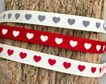 Valentine's Day Ribbon,  love heart grosgrain trim, red ivory and grey heart gift wrap for a wedding, anniversary and Valentine decorations