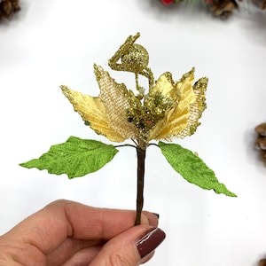 Verkabeltes Weihnachtsspray, Weihnachtsstern Blume gold mit goldenen Glitzerbeeren und Blättern, Türkranz Dekor, einzeln verkauft