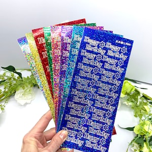 Pegatinas holográficas de feliz cumpleaños, adornos metálicos brillantes despegables para tarjetas de cumpleaños y papelería hechas a mano - 8 colores