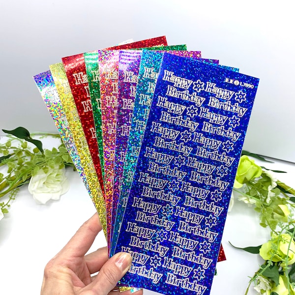 Holographic happy birthday stickers, peel off metallic shimmer embellishment for handmade birthday cards and stationery - 8 colours