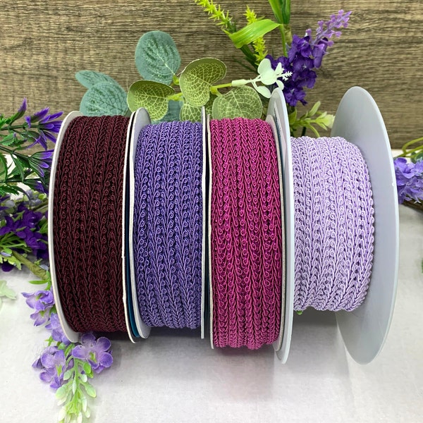 1/4 inch purple scrolled gimp braid, narrow lightweight upholstery trim for doll houses, sewing and home decor - 4 colours