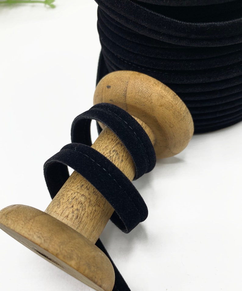 Flanged 10mm velvet piping cord, 3mm cord 7mm insertion tape for cushions, bags and home decor seams, premium quality velvet in 7 colours Black