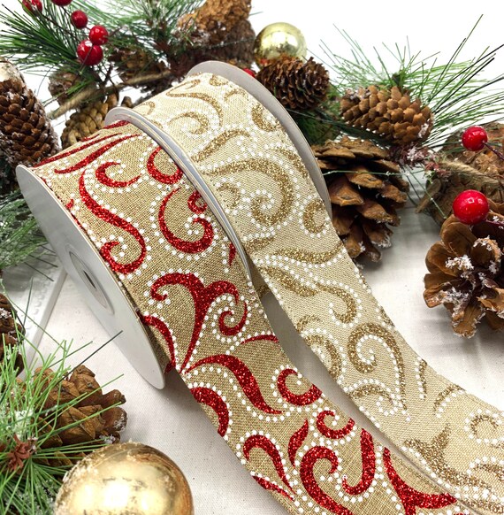 1m x 50mm NATURAL HESSIAN LOOK WIRED,GOLD SPARKLY EDGE CHRISTMAS MESSAGE RIBBON