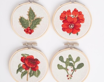 Festive Flora embroidery kit with 9cm bamboo hoops, 4 Christmas flower designs, all you need DIY craft gift