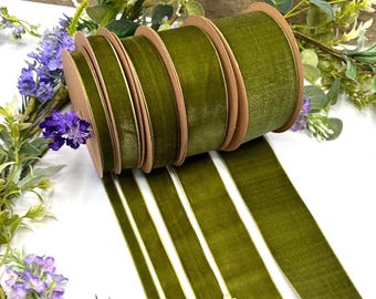 Olive Green velvet ribbon, narrow to wide widths 5m piece or 10m roll for gift wrapping, weddings, sewing and home decor