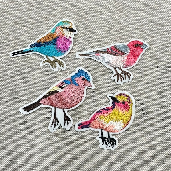 Embroidered iron on bird patches, 4 designs small embellishment for clothing, bags and home decor