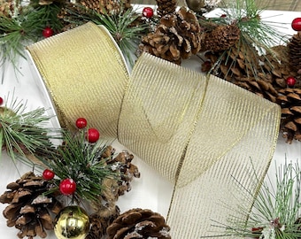 2.5 inch wire edge sheer Gold ribbon for Christmas wreath bows, tree decoration and gift wrapping
