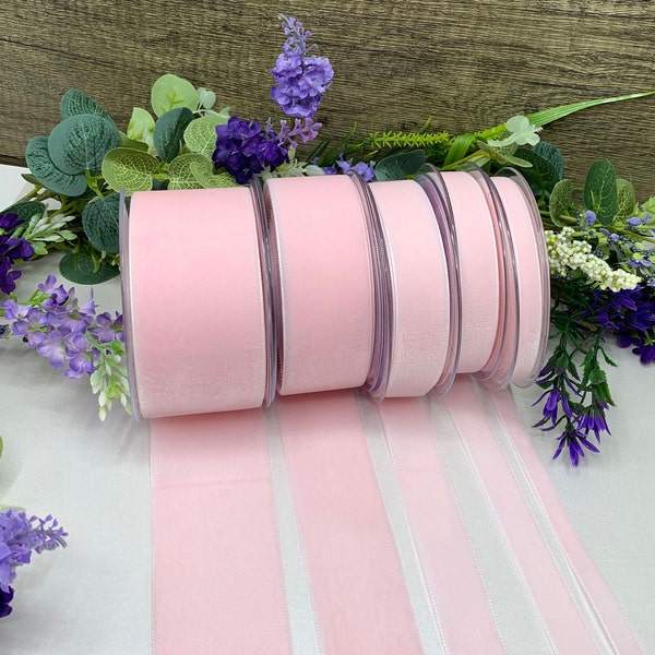 Ruban de velours rose pâle pour mariages, invitations, bouquets floraux et décorations, qualité premium, 5 largeurs étroites à larges - 5 mètres