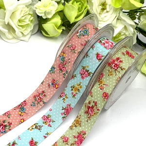 Floral Polka Dot Ribbon, 1 inch straight cut edge floral trim,  dusty pink, sage green or blue