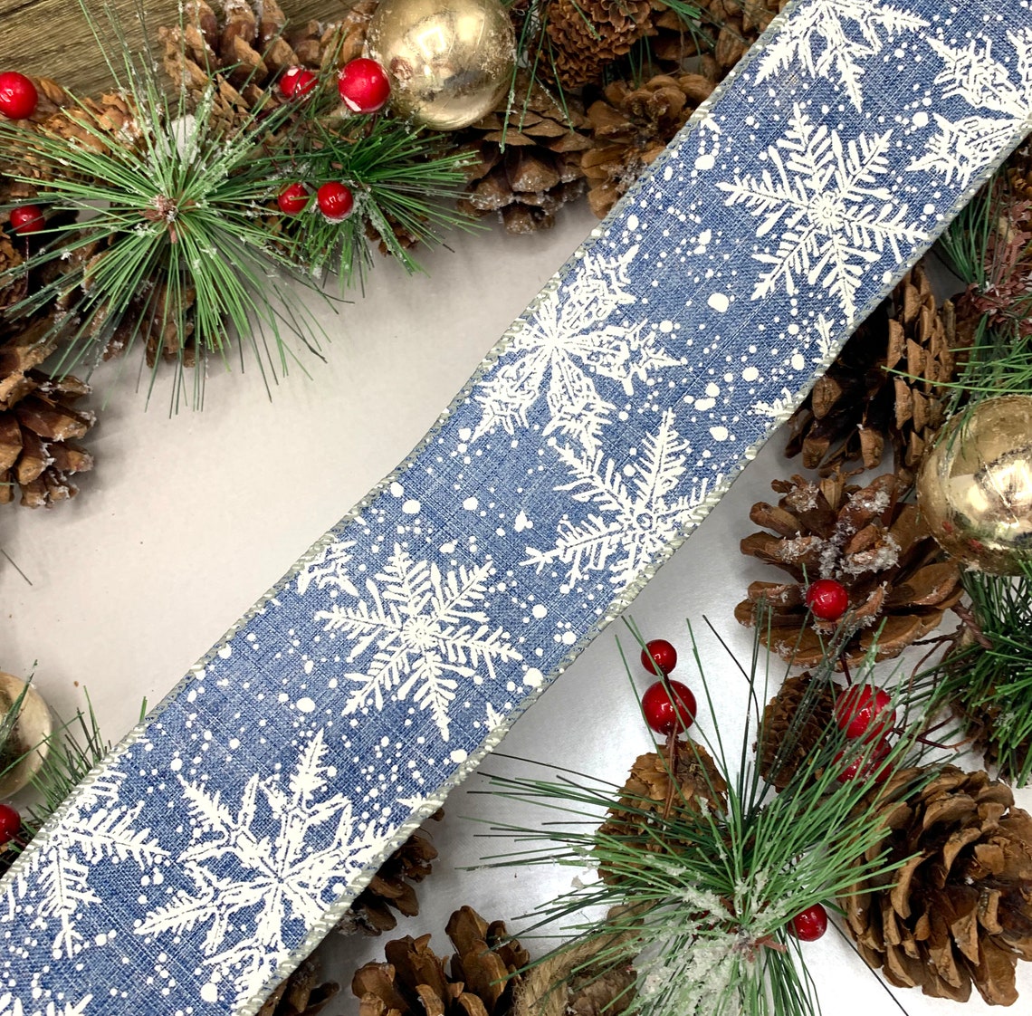 Denim Blue Snowflake Ribbon – 2.5