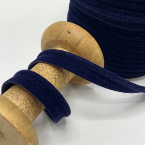 Flanged 10mm velvet piping cord, 3mm cord 7mm insertion tape for cushions, bags and home decor seams, premium quality velvet in 7 colours Navy Blue