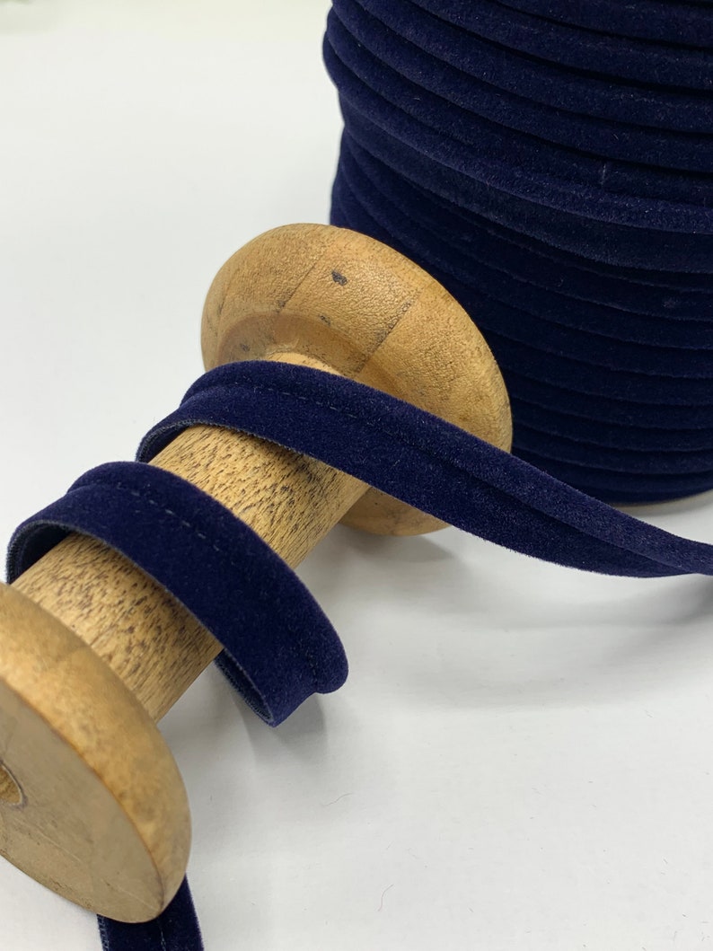 Flanged 10mm velvet piping cord, 3mm cord 7mm insertion tape for cushions, bags and home decor seams, premium quality velvet in 7 colours Navy Blue