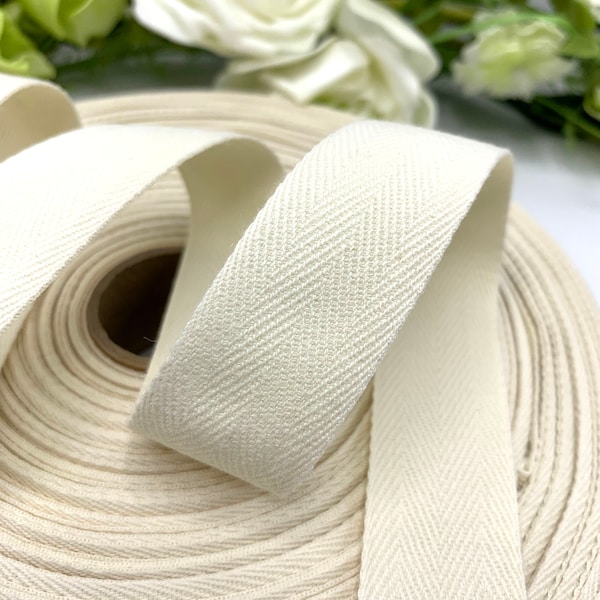 Natural cotton herringbone webbing tape, off white 30mm / 1.2 inch for seam binding, bunting tape, sewing and straps - 30mm / 1.2 inch