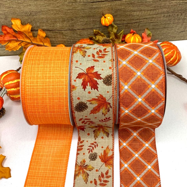 2.5" wire edge Autumn leaves ribbon, orange and brown Fall leaf trim for door wreaths, bows, wedding and tree decoration