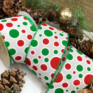 2.5 inch wired fun Christmas, red and green dots on white, Christmas trim for hampers, bows, wreaths and decorations