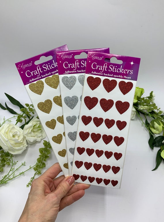 Glitter Heart Stickers, Gold Silver or Red Peel off Sparkly Heart