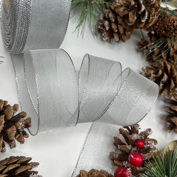Ruban argenté à bordure métallique, garniture semi-transparente argentée métallique pour la décoration d'arbre de Noël, des couronnes et des noeuds - 38 mm de large - 1 m 5 m 10 m