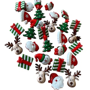 Botones navideños, reno, Papá Noel, árbol de Navidad, muñeco de nieve, caja de regalo, gorro de Papá Noel: botones para coser en manualidades navideñas. Paquetes de 5 o 30.