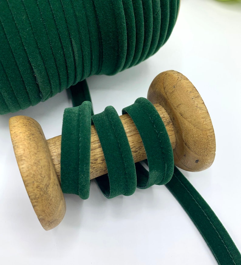 Flanged 10mm velvet piping cord, 3mm cord 7mm insertion tape for cushions, bags and home decor seams, premium quality velvet in 7 colours Bottle Green