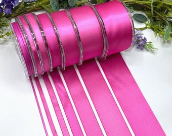 Nastro doppio in raso rosa ciliegia brillante, ideale per matrimoni e confezioni regalo, disponibile in 7 larghezze.