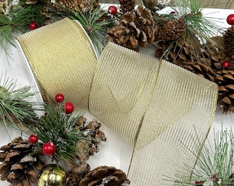 Wired gold Christmas ribbon, sheer with metallic gold stripes for trees, wreaths and bows - 2.5 inch / 63mm wide - 5m or 10m