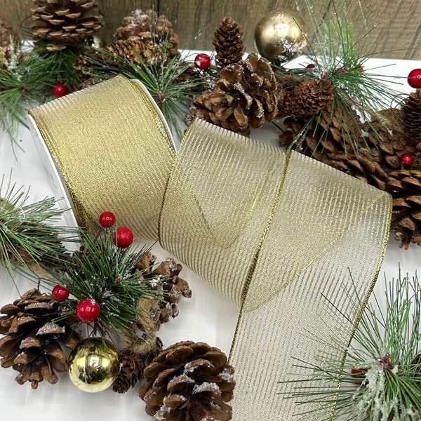 Wired gold Christmas ribbon, sheer with metallic gold stripes for trees, wreaths and bows - 2.5 inch / 63mm wide - 5m or 10m