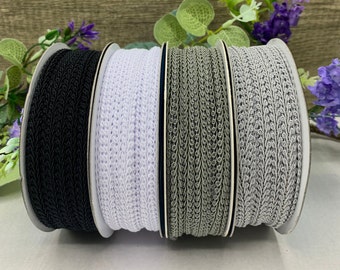 1/4 inch scrolled gimp braid, narrow lightweight upholstery trim for doll houses, sewing and home decor - black white grey silver shades