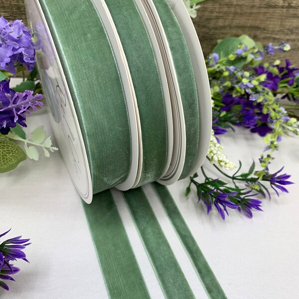 Dusty sage green velvet ribbon, premium quality vintage green wedding velvet in 3 widths 9mm 16mm and 22mm - 1m to 10m increments