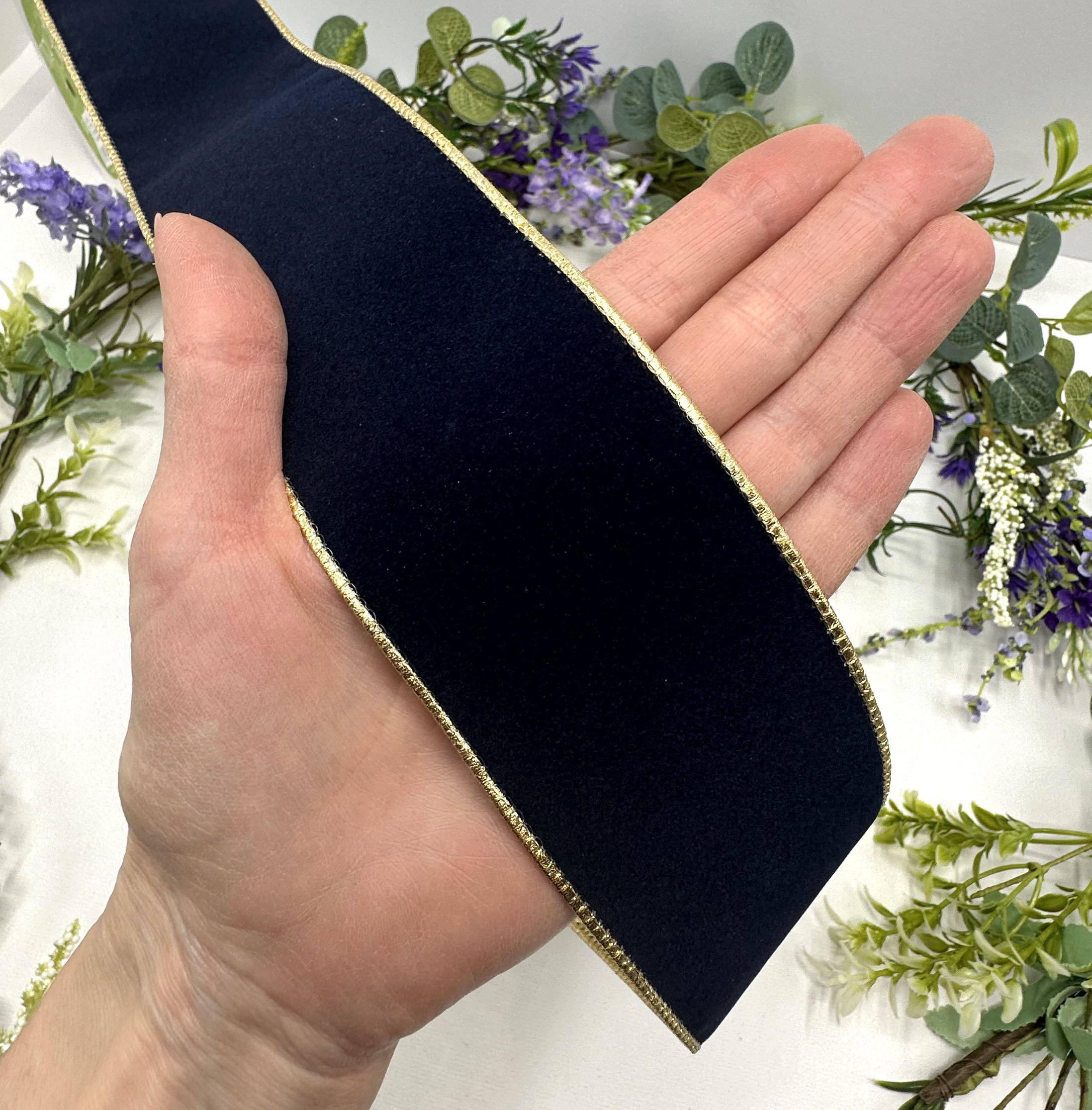 Wired Navy Blue Velvet Ribbon With Metallic Gold Back Etsy UK