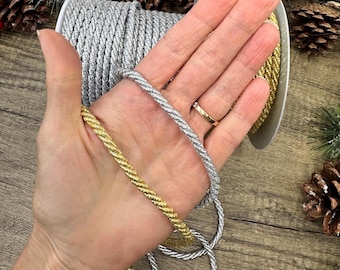 5mm Metallic Twisted Cord in Gold or Silver Lurex in 5 metre or 10 metre lengths for Christmas gift wrap