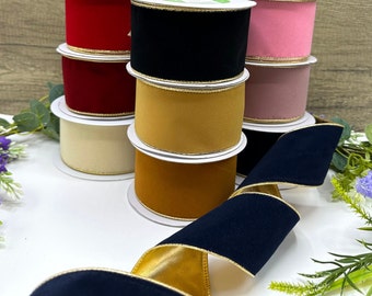 2.5" wired velvet ribbon with metallic gold back for Christmas tree and wreath bows